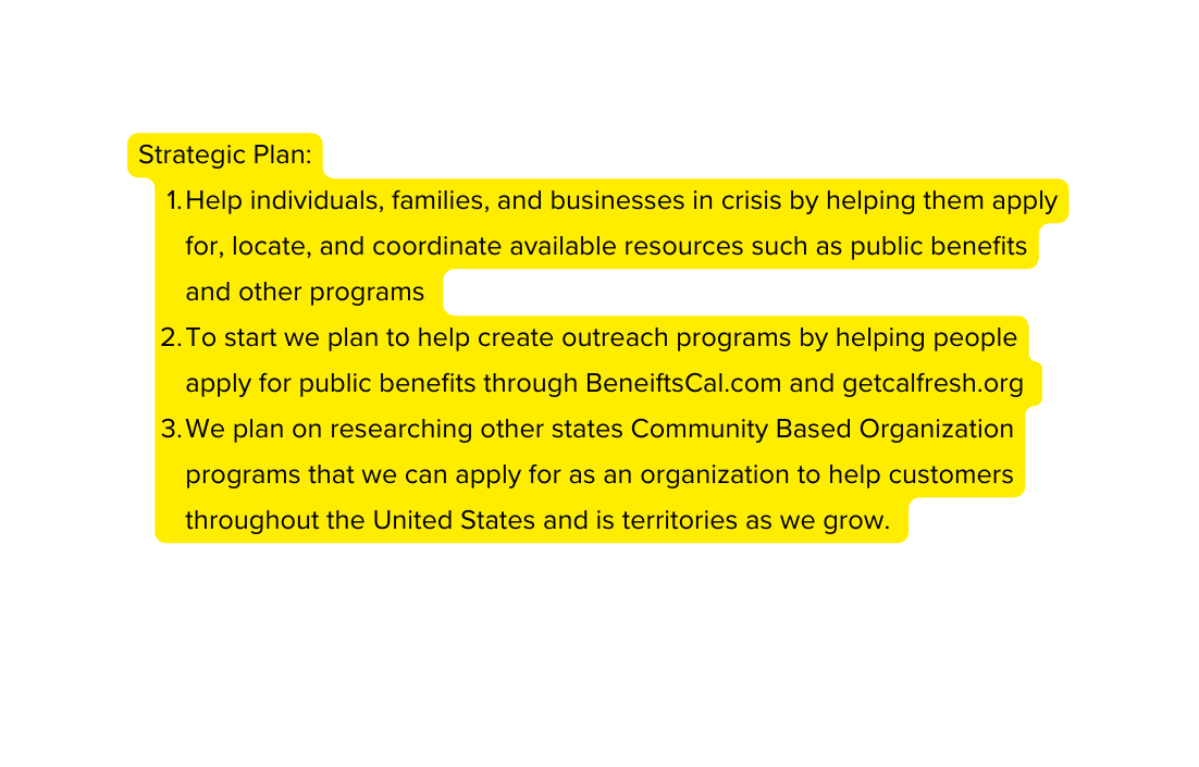 Strategic Plan Help individuals families and businesses in crisis by helping them apply for locate and coordinate available resources such as public benefits and other programs To start we plan to help create outreach programs by helping people apply for public benefits through BeneiftsCal com and getcalfresh org We plan on researching other states Community Based Organization programs that we can apply for as an organization to help customers throughout the United States and is territories as we grow